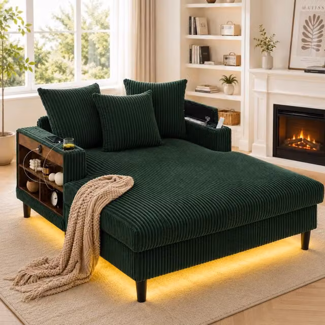 Chaise longue 129 x 170 x 70 cm con contenitore porta USB e LED; velluto a coste; verde smeraldo
