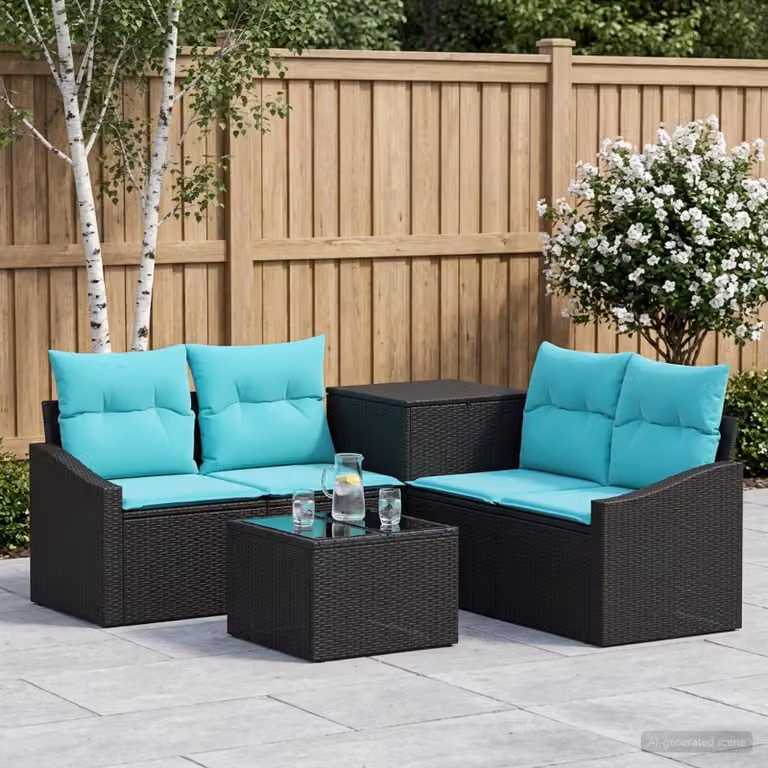 Set di divani da giardino vidaXL a forma di L composto da 6 pezzi in rattan e acciaio con cuscini inclusi, colore nero e blu