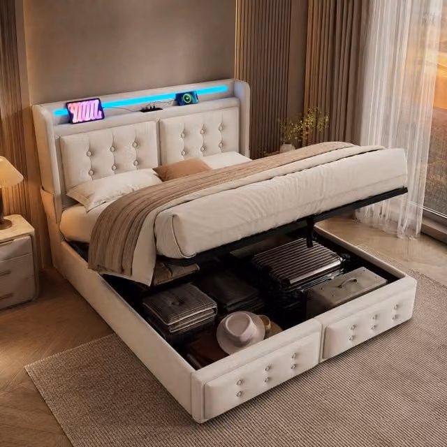 Letto matrimoniale imbottito ULEVR 160x200 cm con contenitore a gas, LED, prese USB e Type-C, beige