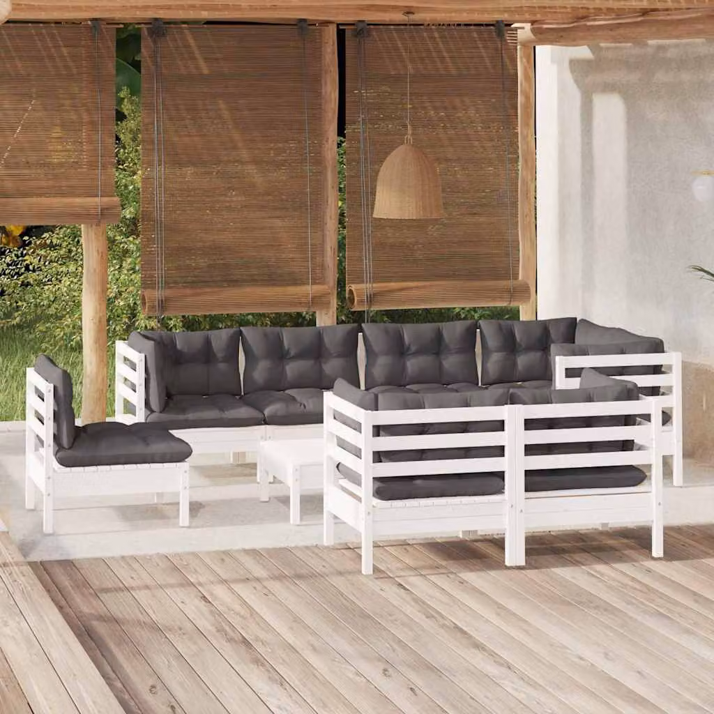 Set di divani da giardino vidaXL 9 pz in legno di pino con cuscini bianchi, antracite e grigi con configurazione a L e pouf