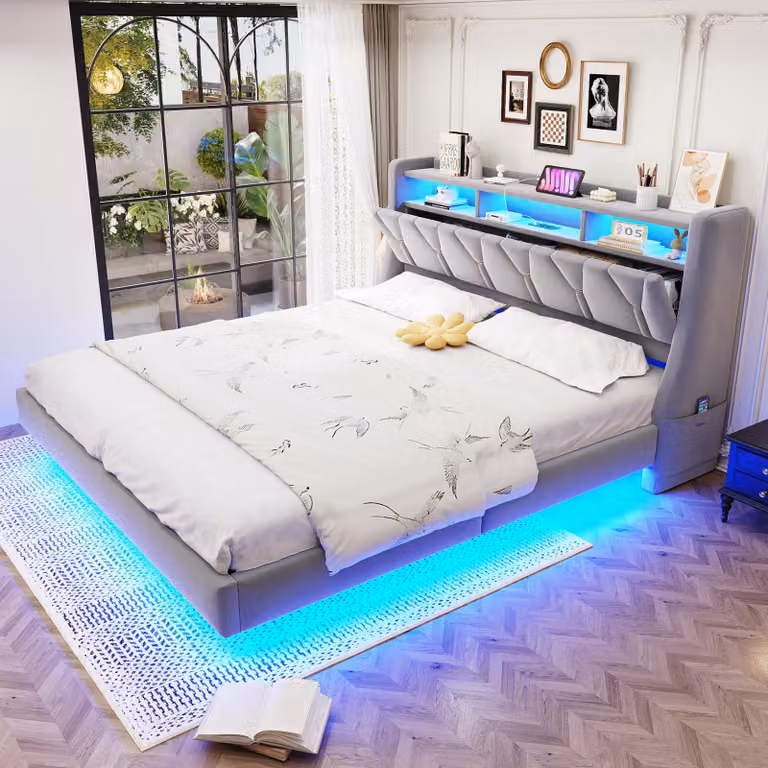 Letto imbottito Merax 180x200 cm con illuminazione a LED e design sospeso, letto matrimoniale con testiera ribaltabile e vano portaoggetti, letto in velluto con connettore Type-C, grigio chiaro