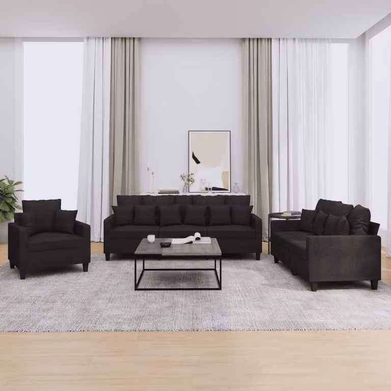 Set di divani vidaXL da 3 pezzi in tessuto nero con cuscini per soggiorno moderno
