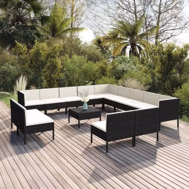 Set di Divani da Giardino vidaXL a Forma di U con Tavolino da Caffè e Cuscini, 14 Pezzi, Nero e Bianco – 1