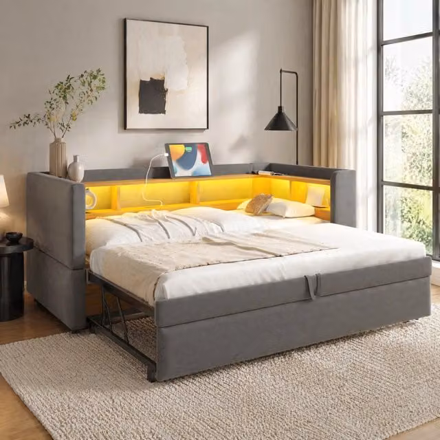 Divano letto estraibile 90/180x190 cm con LED; prese e ripiani; grigio scuro
