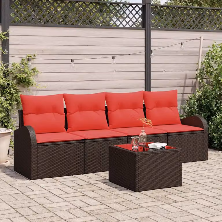Set Divano da Giardino vidaXL 5 Pezzi con Tavolino, Beige e Rosso, Struttura in Acciaio e Cuscini Inclusi