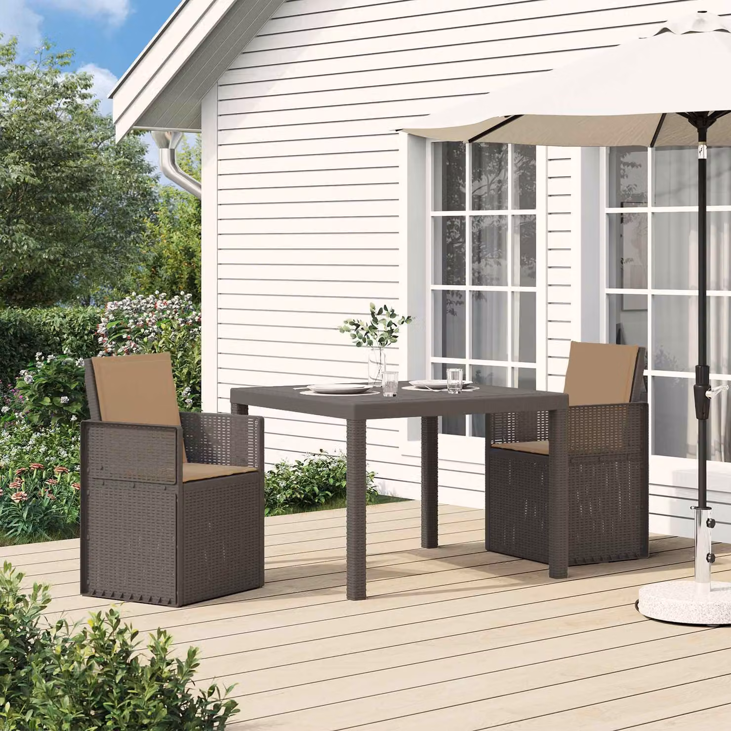 Set da pranzo per giardino e balcone vidaXL in 3 pezzi, colore grigio e beige, design moderno in plastica resistente alle intemperie