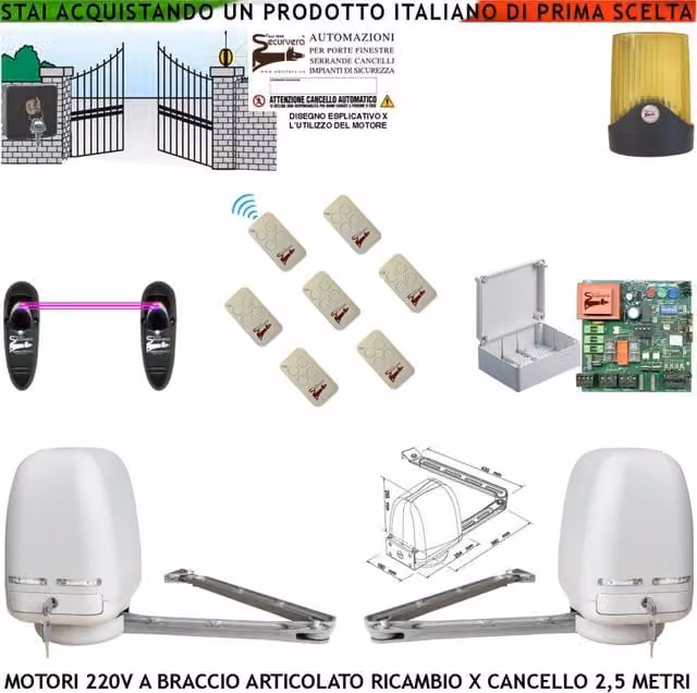 Motori Braccio Snodato Articolato 220 V 250 NM Apricancello Automatico Cancello 5 MT 2 Ante da 0,5 Fino a 2,5 Metri Centrale 7 Radiocomandi Fotocellule Selettore