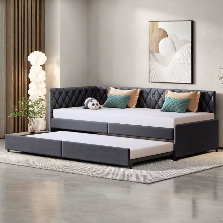 Fortuna Lai divano letto 90x200 cm, letto allungabile per ragazzi e letto imbottito, multifunzionale, a L, grigio