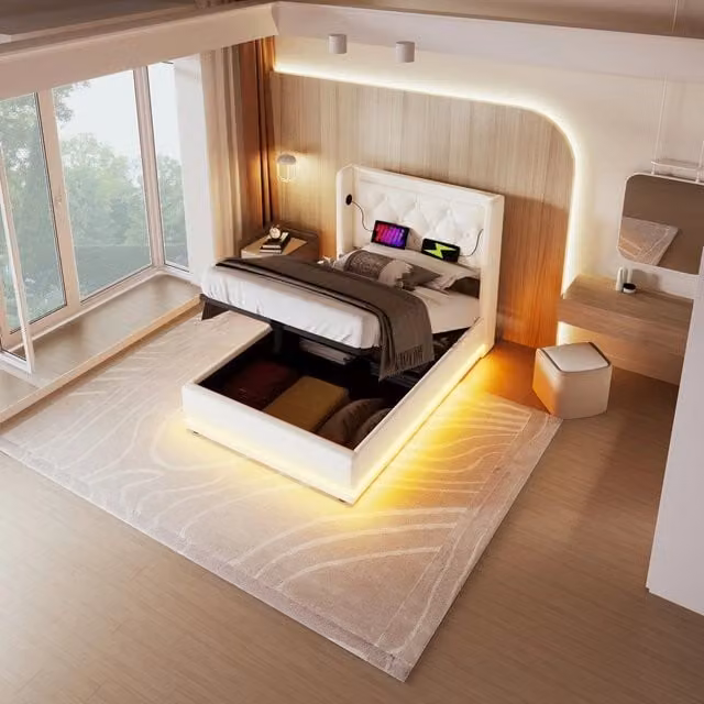 Letto imbottito singolo contenitore ¨C Minimal ¨C Bianco similpelle 90x200 cm con testiera LED e porta USB
