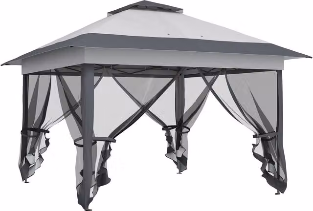 Gazebo da esterno Outsunny in acciaio e tessuto Oxford anti-UV con zanzariere, pieghevole e regolabile, Grigio, L/P: 360 x 360 cm