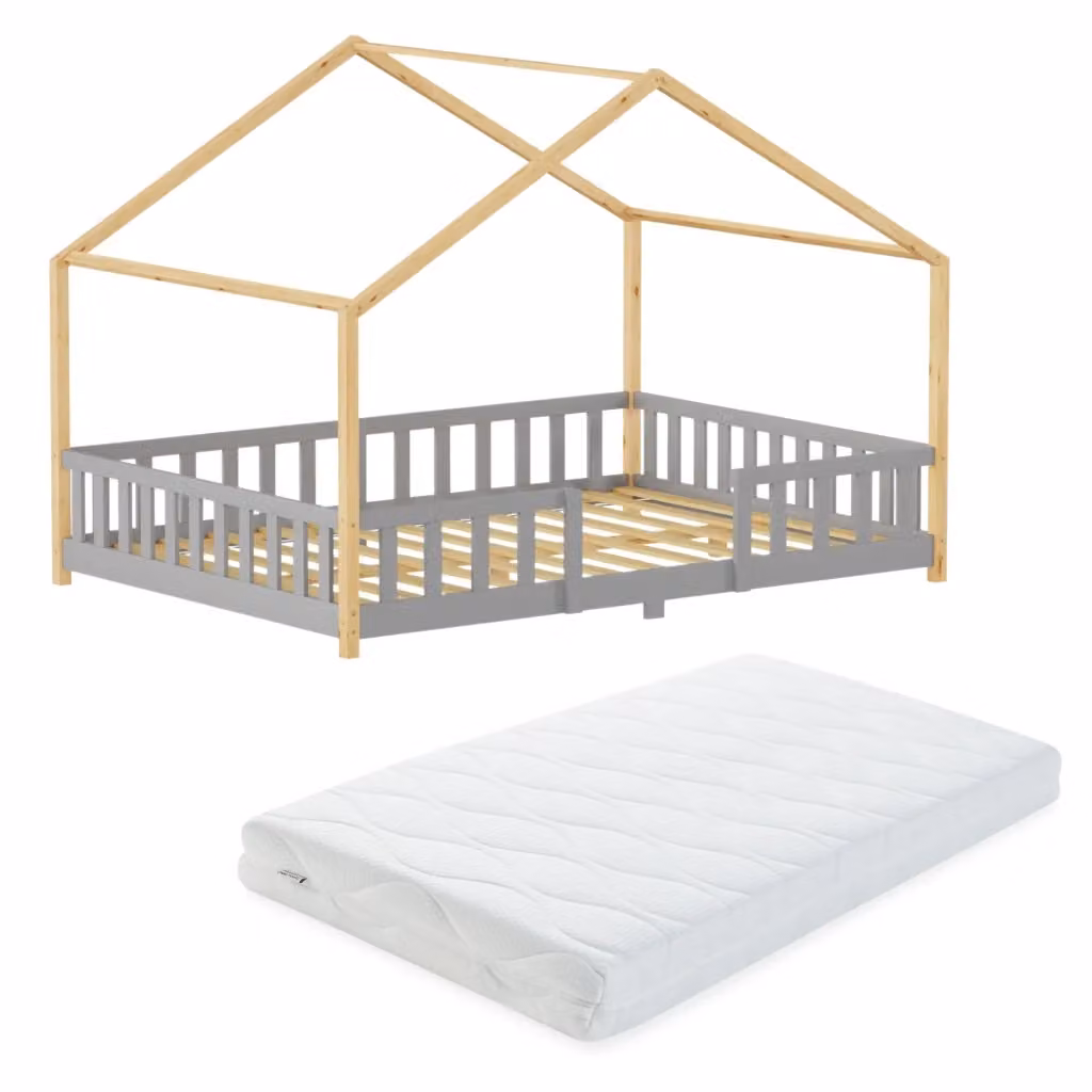 Letto per cameretta Treviolo en.casa a forma di casetta in stile Montessori con materasso in schiuma, legno di pino, Grigio Chiaro e Beige, L/P/H: 140 x 200 x 146 cm – 2