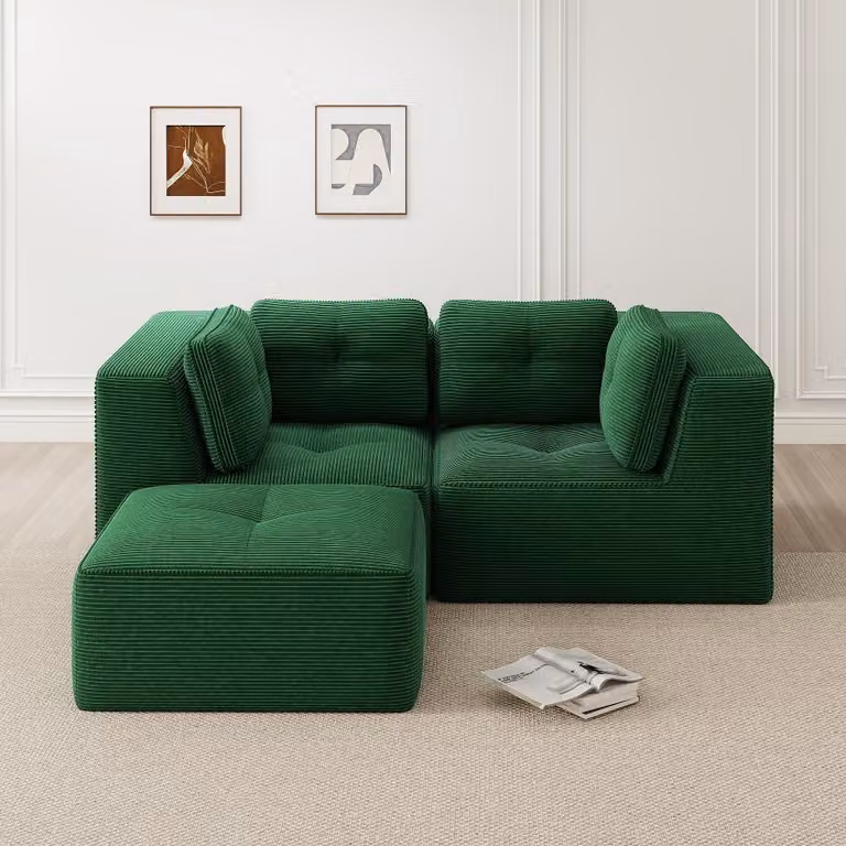 Divano angolare modulare Cord, verde, divano a forma di L con due posti e poggiapiedi regolabili. Design senza struttura, ideale per il soggiorno, dimensioni 208x177x69 cm.