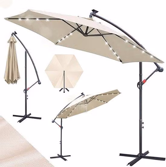 Specchio solare con illuminazione a LED - Diametro 300 cm - Include base a croce + cinghie antivento - Protezione UV50+ UPF 50+ - Rimovibile per diverse angolazioni - Tessuto impermeabile con ventola integrata nel tetto - Pratico sistema di stoccaggio com