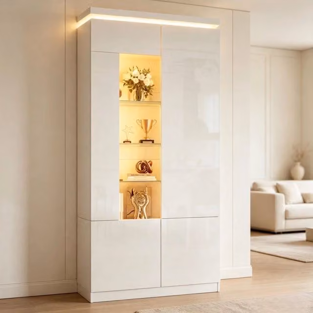 Vetrina freestanding 80x35x180 cm con 4 ante; LED Bluetooth e ripiani regolabili; bianco