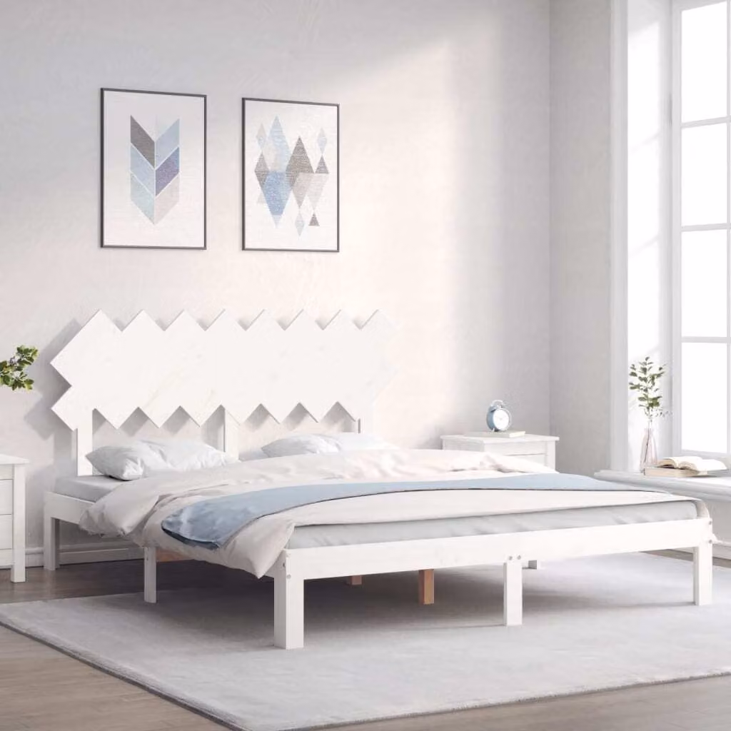 The Living Store Letto in legno massiccio con testiera bianco 160x200 cm