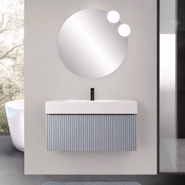 Mobile bagno sospeso 100 cm azzurro polvere con un cassetto e lavabo alto in resina Nara