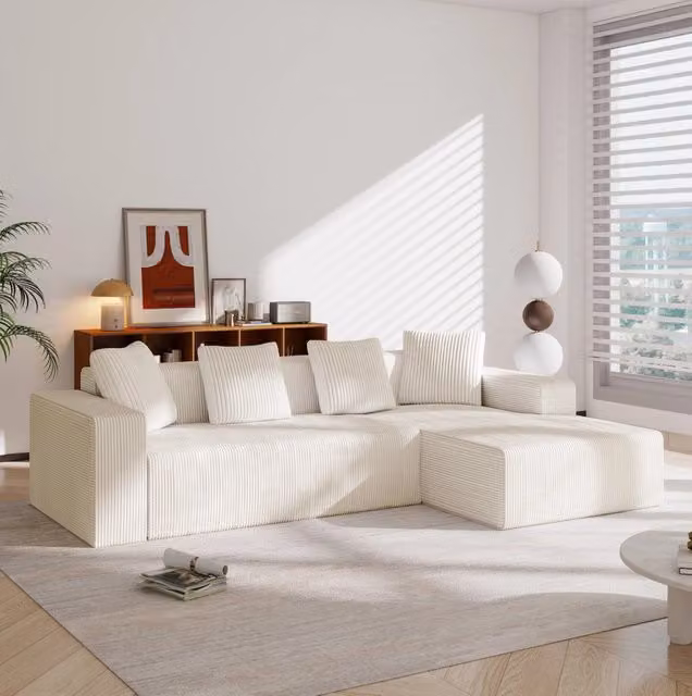 Divano modulare L 261x146x65 cm in tessuto bianco, con 4 cuscini, senza montaggio –