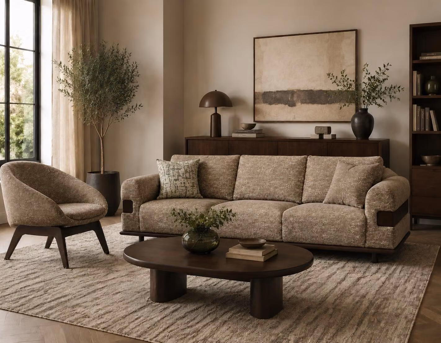 Sofa 3-Sitzer Sessel Set Braun Beige Modern Stoff Holz Wohnzimmer