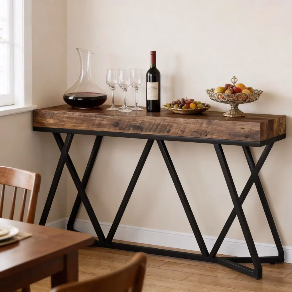 Consolle da ingresso Mivray in stile industrial con piano effetto legno marrone e struttura in metallo nero, L: 140 cm, P: 30 cm – 2
