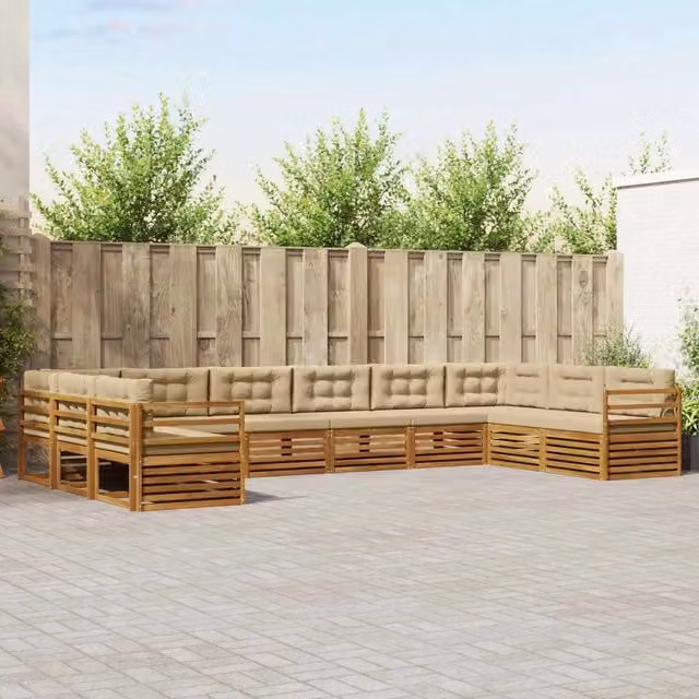 Set di divani da giardino a L con 7 pezzi vidaXL in legno di acacia massello e tessuto beige – 1
