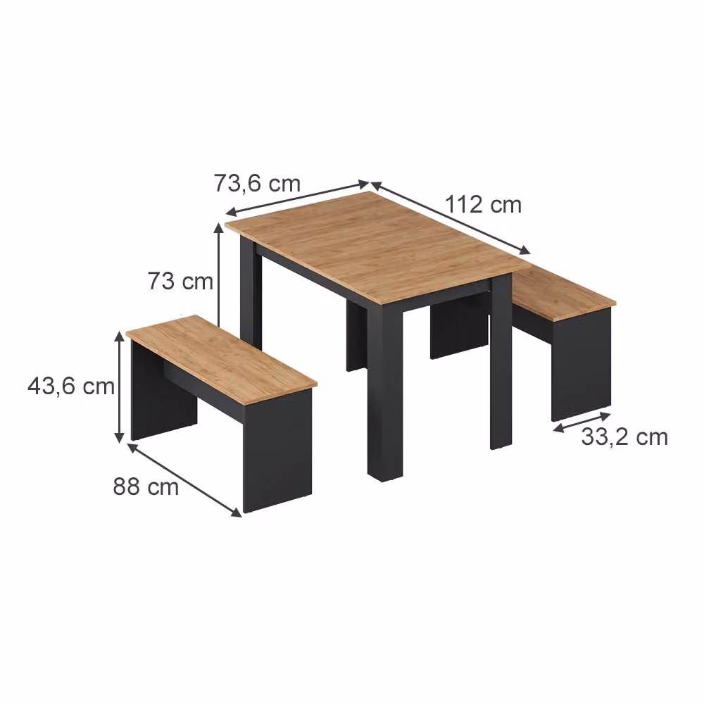 Set di tavolo da pranzo Sentio Vicco con 2 panche, Antracite e Rovere dorato, L: 112 cm, P: 73 cm, H: 73 cm – 2
