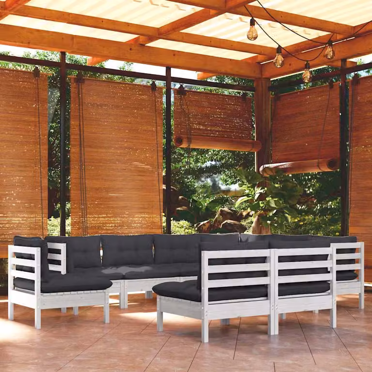 Set di divani da giardino vidaXL a forma di U in legno di pino trattato con 9 pezzi e cuscini bianchi e antracite