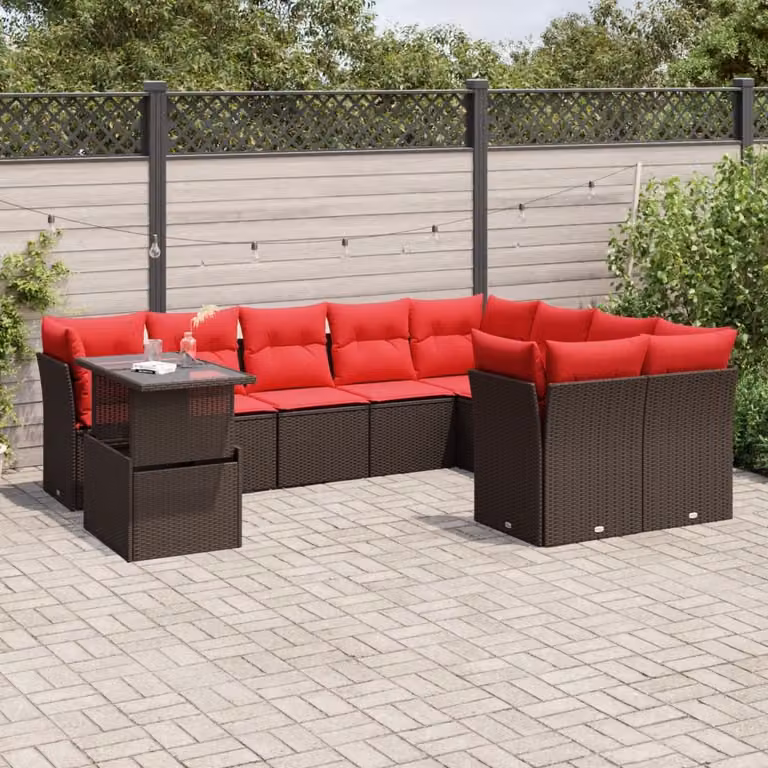 Set di divani da giardino vidaXL in polyrattan marrone con cuscini per 10 persone