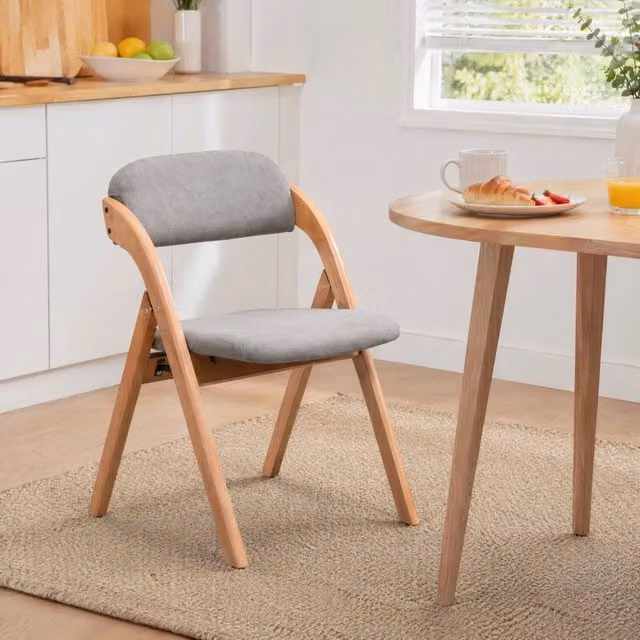 Set 2 Sedie Pieghevoli in Legno con Seduta Imbottita e Rivestimento Rimovibile, Grigie