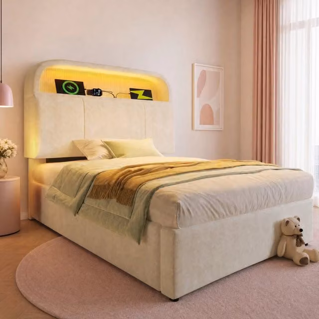 Letto singolo 90x200 cm in velluto beige con testiera regolabile, LED integrata e stazione di ricarica USB/Type-C, con rete a doghe (senza materasso)