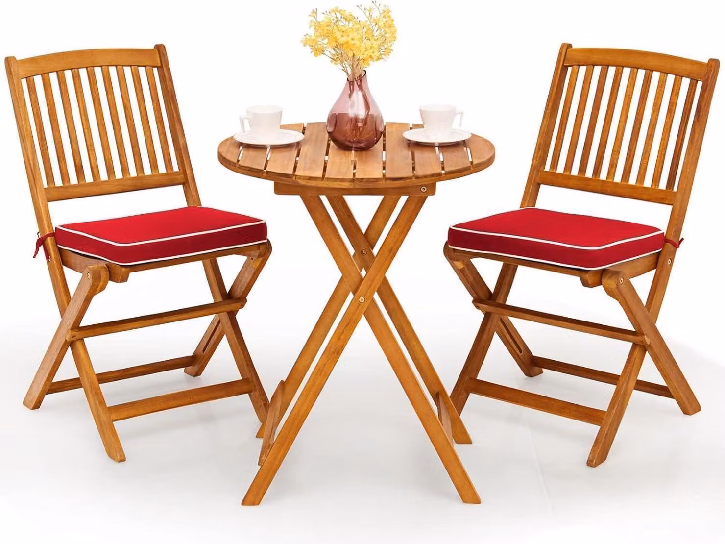 Set di mobili da giardino in legno di acacia pieghevole tavolo rotondo sedie cuscini rosso