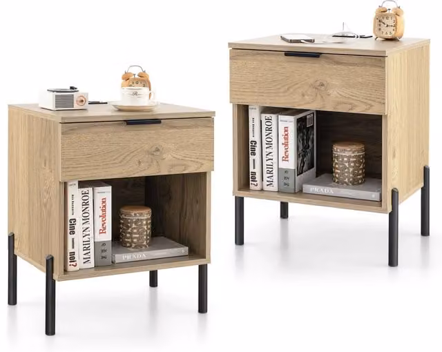 Set di 2 comodini moderni con stazione di ricarica gambe in metallo, Tavolino da notte con cassetto e comparto aperto Naturale