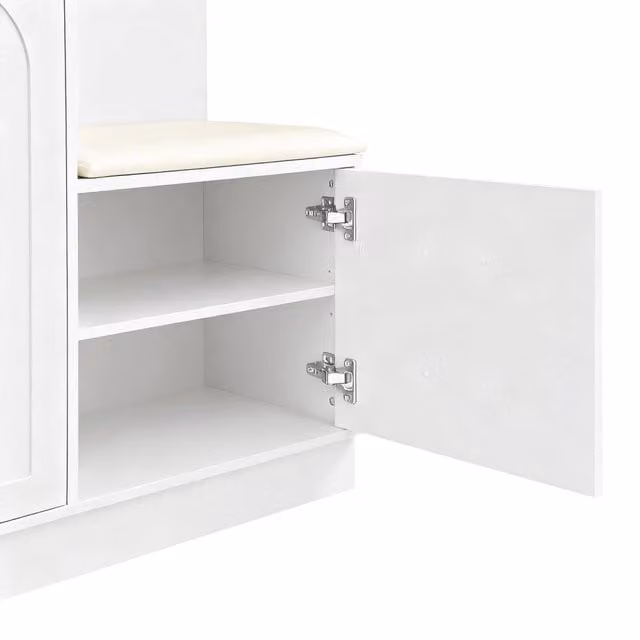 Mobile da ingresso con scarpiera; specchio; panca e asta nascosta; MDF; bianco
