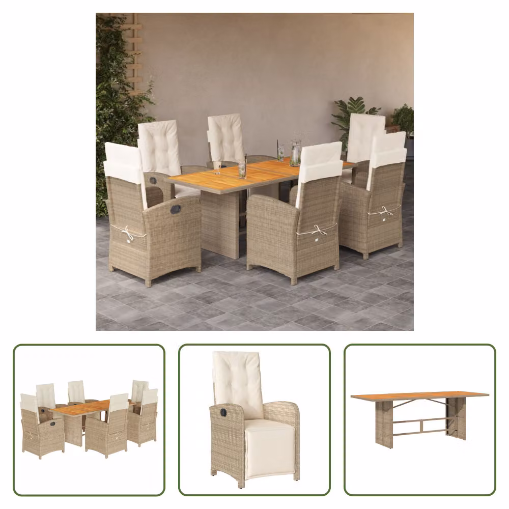 The Living Store Set da pranzo da giardino 7 pezzi con cuscini Beige poly rattan