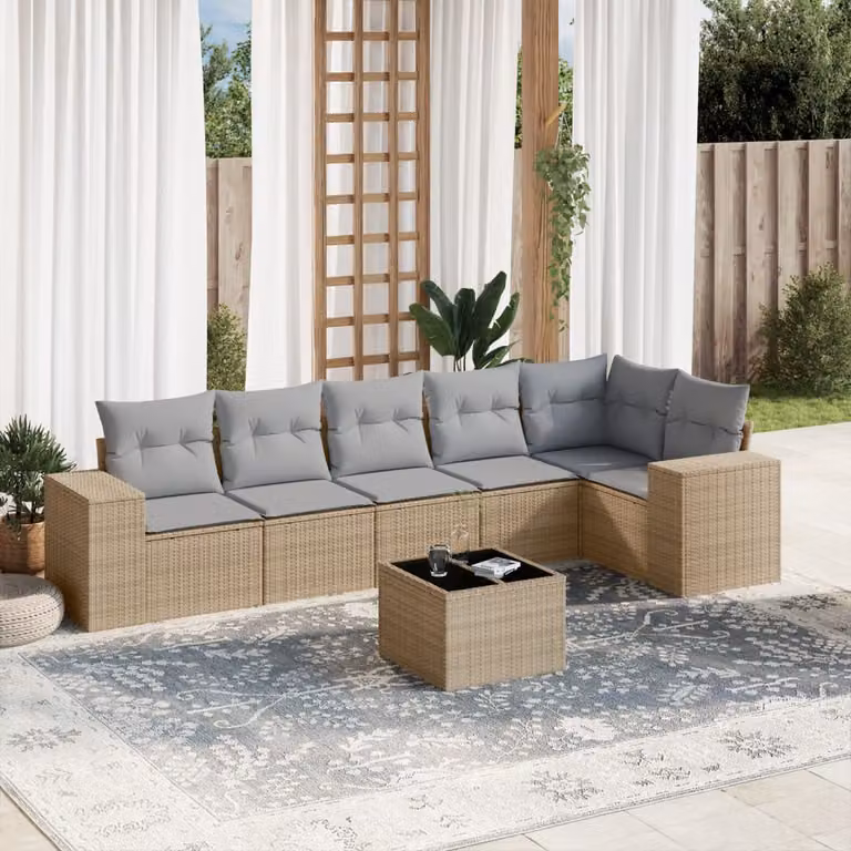 Set Divani da Giardino vidaXL 7 pz in Polyrattan con Cuscini Beige e Tavolino da Esterno