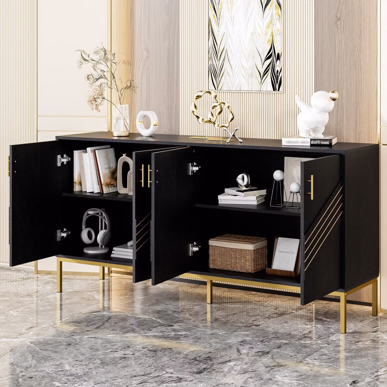 MODFU Armadio da cucina con gambe in metallo e ripiani regolabili in altezza, grande capacità, credenza per soggiorno, sala da pranzo e corridoio, nero e oro