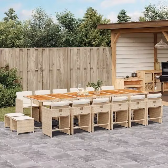 Set da pranzo da giardino vidaXL in polyrattan e legno di acacia con 17 pezzi e cuscini beige