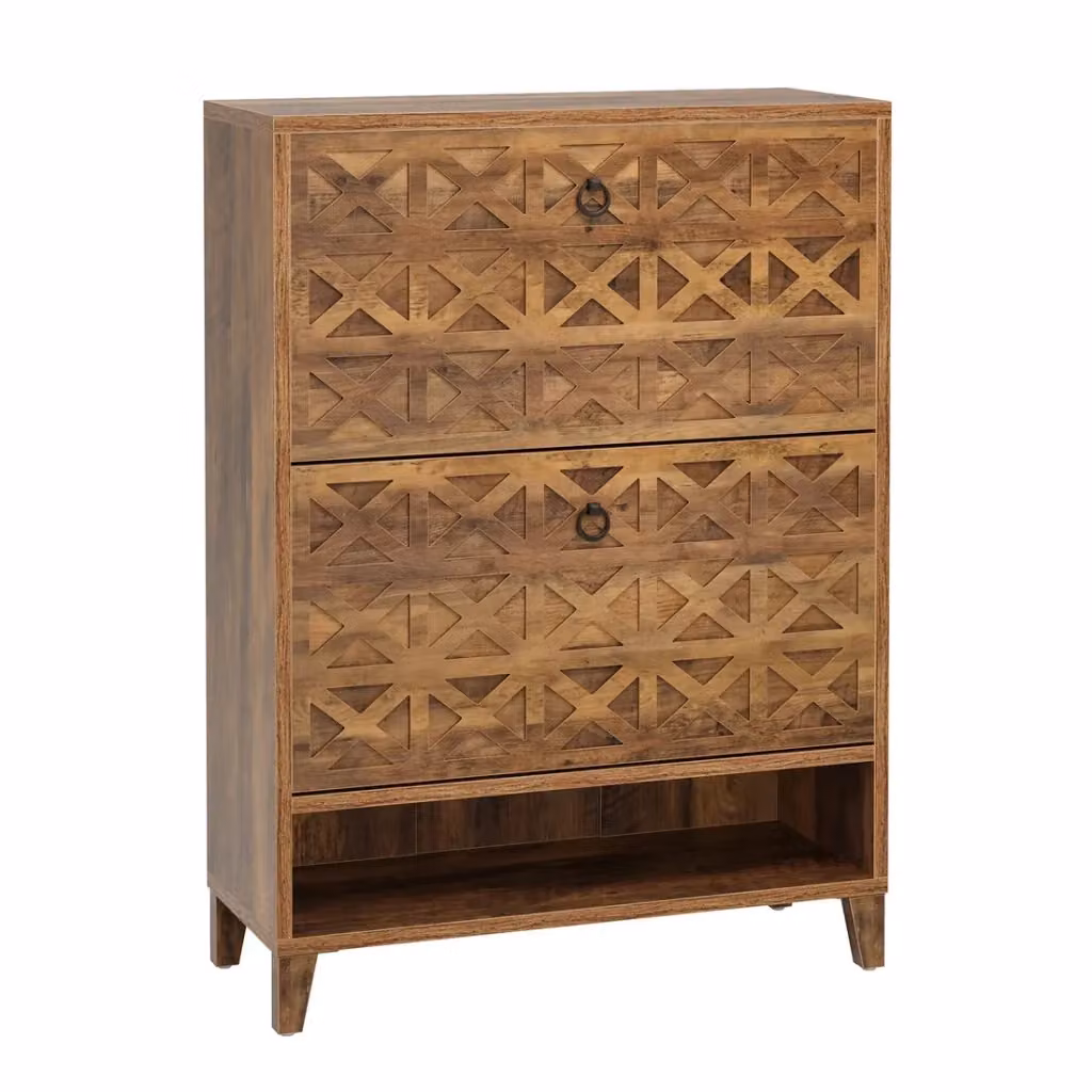 Scarpiera a parete con scomparti ribaltabili e ripiano aperto, finitura rustica marrone e nera, L: 80 cm, P: 24 cm, H: 110 cm – 2