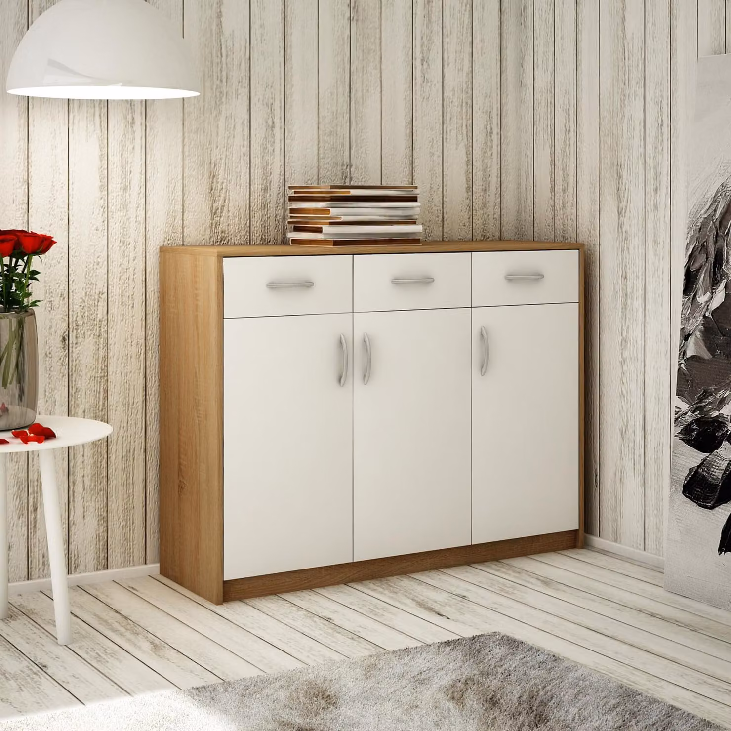 Comodino con 3 cassetti e 3 ante, finitura opaca. Comodino in legno di 110 cm, colore sonoma o bianco