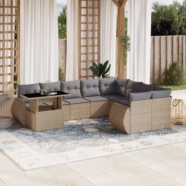 Set Divano da Giardino a Forma di U vidaXL in Polyrattan con Cuscini Beige e Grigio e Tavolino da Esterno – 1