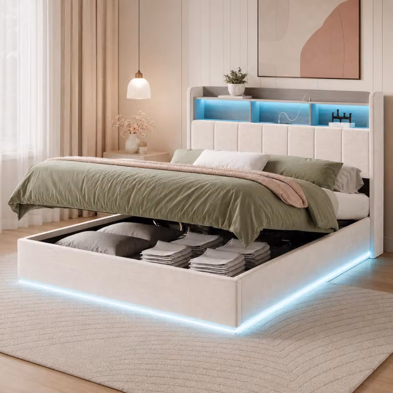Letto imbottito INONEFT 140x200 cm con LED, porte USB di tipo C e prese di corrente, letto con box e contenitore, rete a doghe, letto matrimoniale con spazio contenitivo, rivestito in velluto bianco