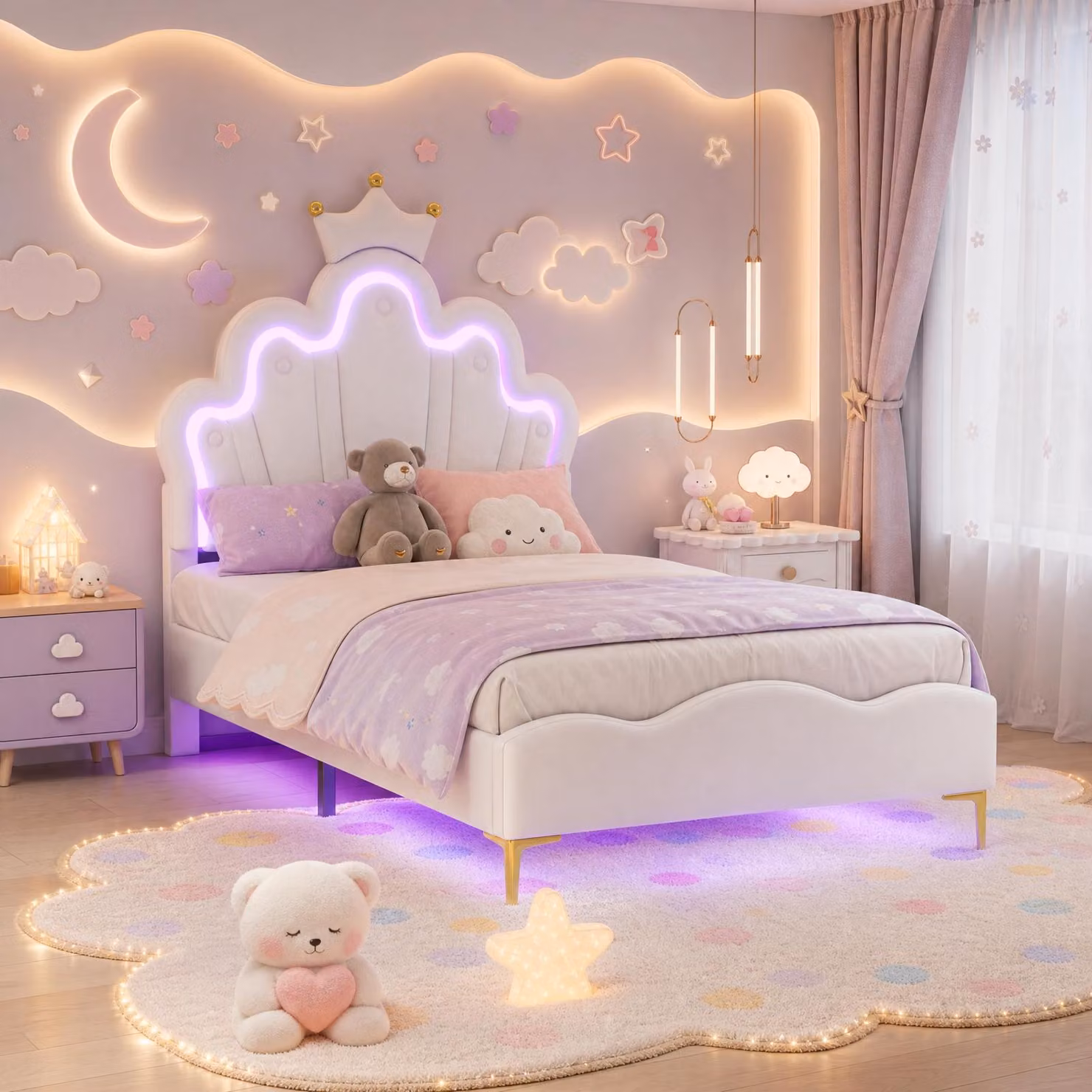 Letto imbottito INONEFT, 90x190 cm, con LED, letto a baldacchino con poggiatesta regolabile, struttura letto singolo con rete a doghe, letto per bambine, in PU, colore bianco