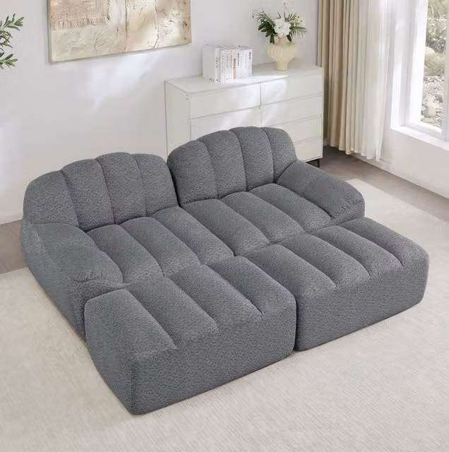 Divano angolare modulare con pouf; 210x165x79 cm; fleece granulato grigio