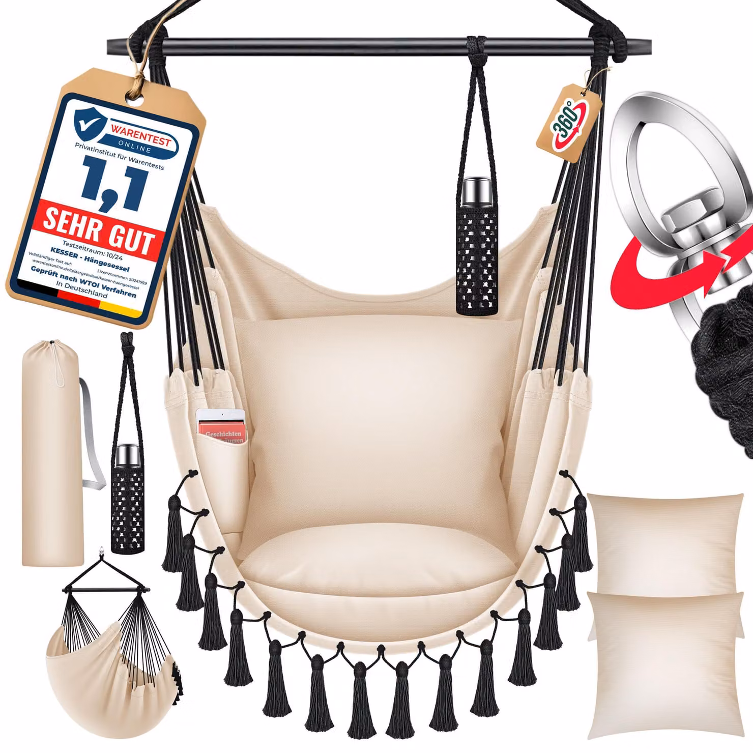 KESSER® Sedia sospesa con 2 cuscini Portabevande e scomparto per libri - Safari XXL Sedia sospesa per adulti e bambini Amaca fino a 150 kg Sospensione per sedia sospesa Interni ed esterni Casa e giardino Terrazza