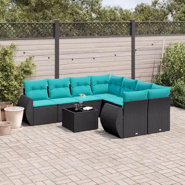 Set Divani da Giardino 9 pz con Cuscini Nero in Polyrattan 3221156