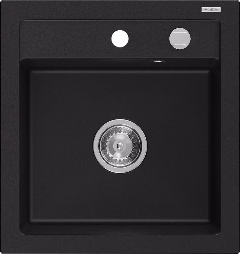 Mexen Vito lavello in granito a 1 vasca 520 x 490 mm, nero, sifone cromato - 6503521000-77