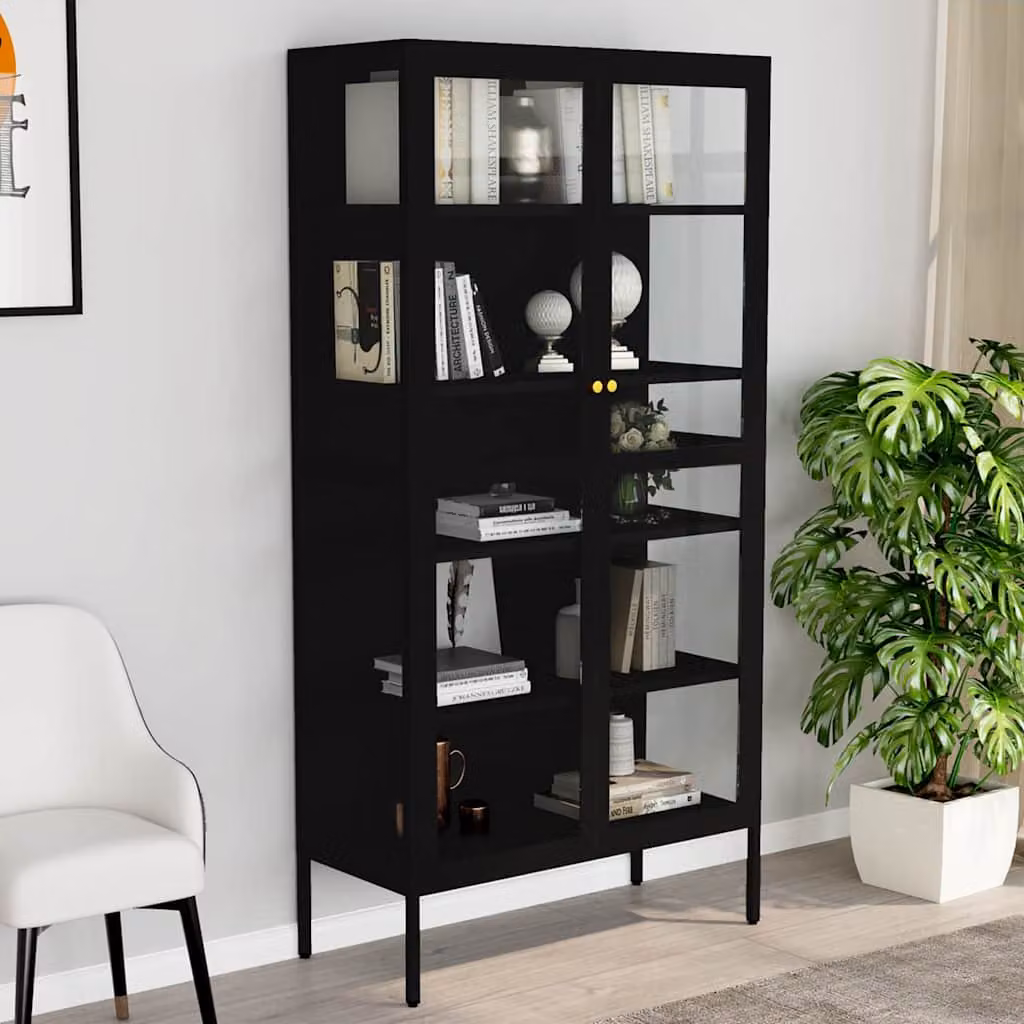Vetrina moderna vidaXL in metallo e vetro nero con ante in vetro, L: 90 cm, P: 40 cm, H: 180 cm