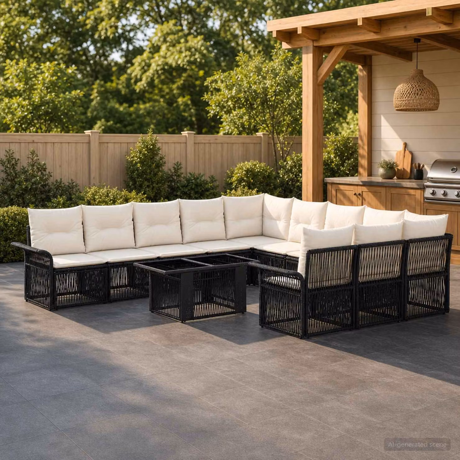Set Divano da Giardino vidaXL 12 pz a forma a U in Polyrattan con Cuscini e Tavolino, Nero e Bianco Crema