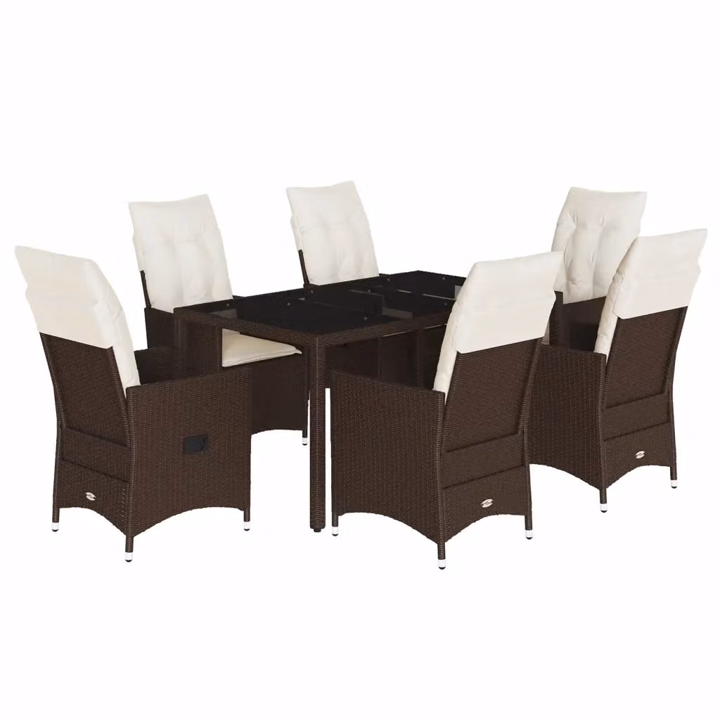 Set da Pranzo da Giardino vidaXL 7pz in Polyrattan Marrone con Cuscini Bianchi e Tavolo in Vetro – 2