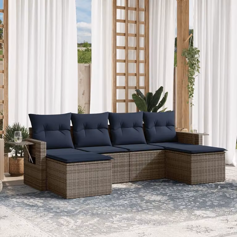 Set Divani da Giardino vidaXL 6 pz in Polyrattan con Cuscini Grigio e Blu con Struttura in Metallo e Forma a L