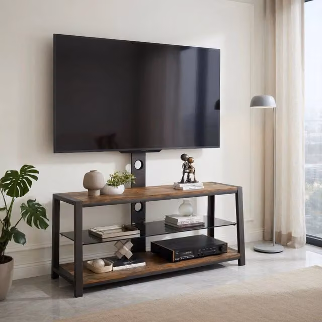 Cassettiera per TV KOMHTOM in stile industriale marrone con MDF, metallo e vetro, L: 116 cm, P: 42 cm, H: 125 cm